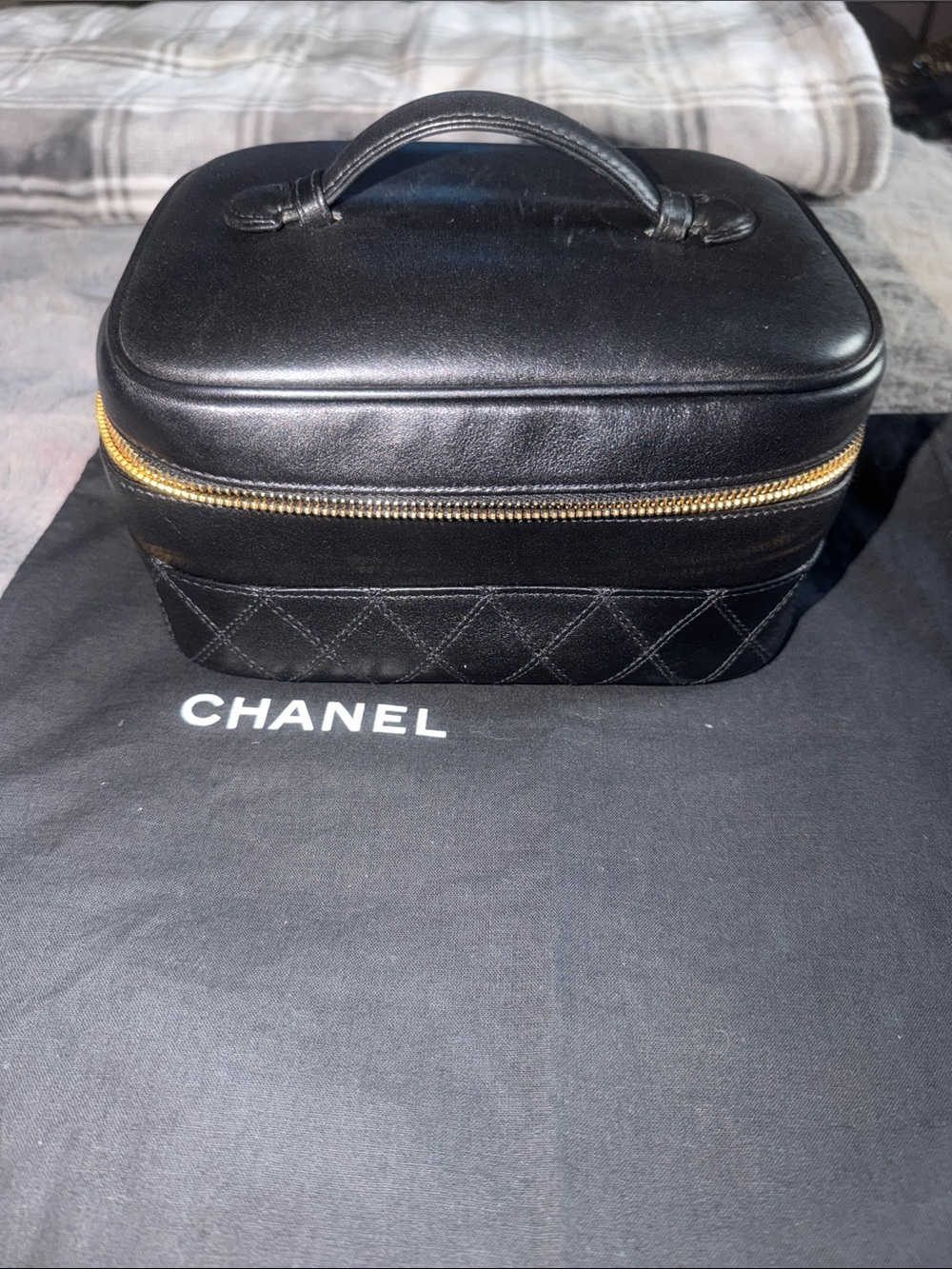 CHANEL Black Quilted Leather Vanity Case with Gold Hardware size 4”Hx7”Wx5.5”D